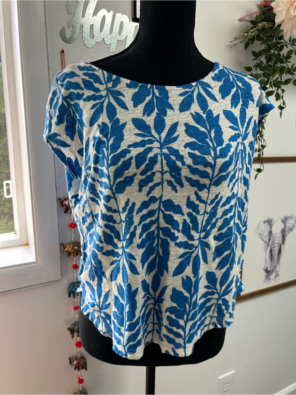 Rachel Zoe Blue Leaf Print Boatneck Blouse- medium